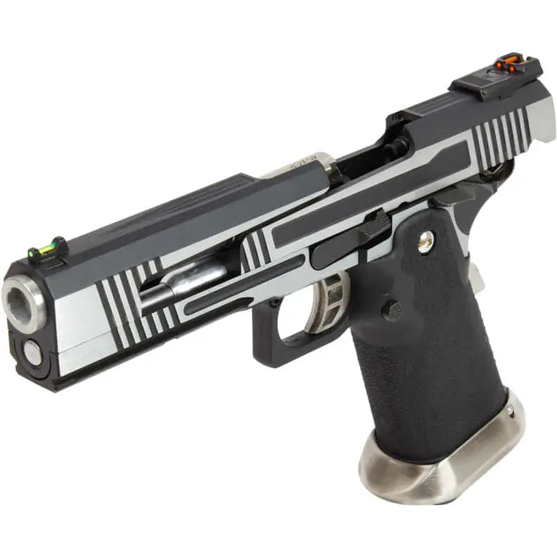 Réplique de pistolet HX1001 split silver gaz GBB avec culasse en split noire, corps en polymère résistant, compatible avec Gaz et CO2