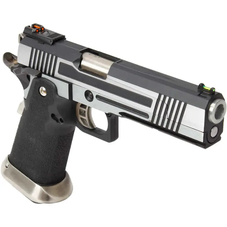 Réplique du pistolet de concours HX1001 split silver gaz GBB avec culasse en split, corps en polymère résistant, compatible avec Gaz et CO2