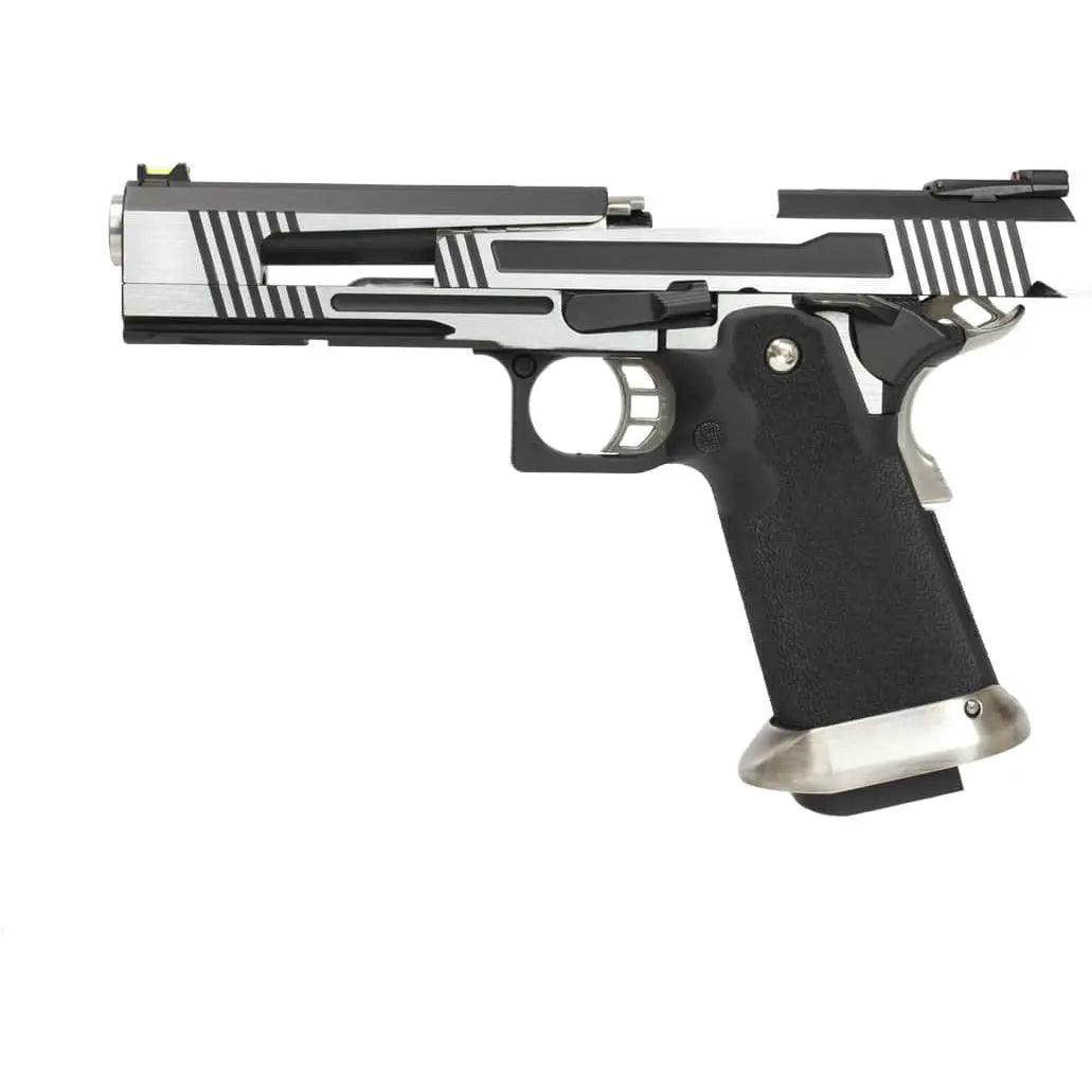 Réplique de pistolet HX1001 split silver gaz GBB avec culasse en deux parties et corps en polymère résistant, compatible Gaz et CO2