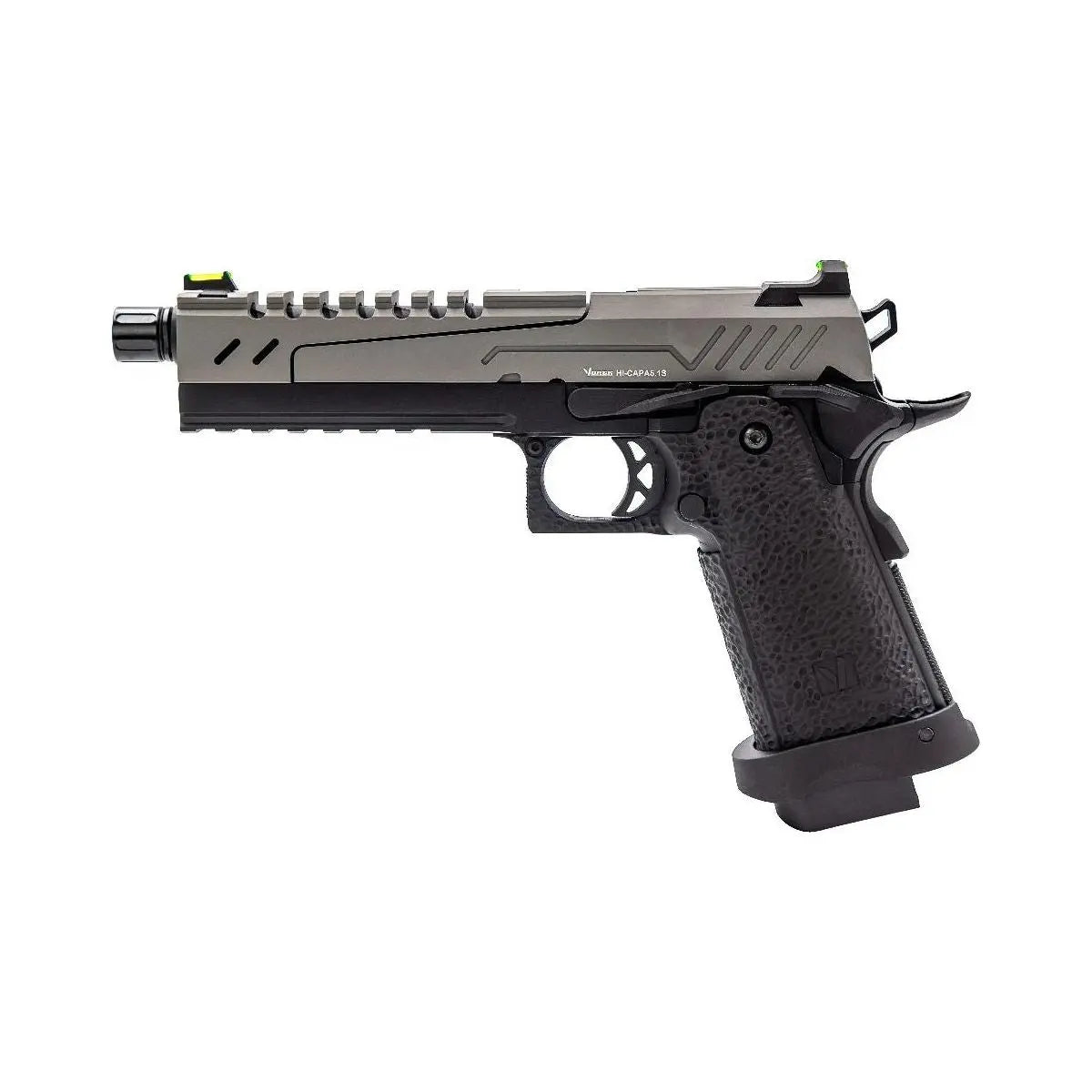 Hi-Capa 5.1 SPLIT Gris / Noir 1,0J - Pistolet GBB airsoft robuste et fiable de Vorsk avec culasse split métal, grip texturé, visée fibre