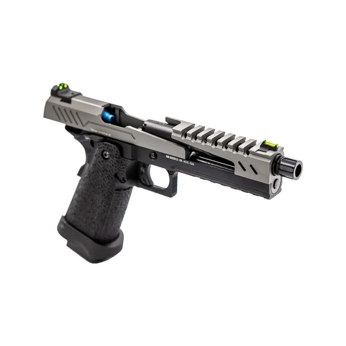 Réplique airsoft Vorsk Hi-Capa 5.1 SPLIT Gris/Noir 1,0J avec culasse métal ajourée, grip texturé, canon externe fluté et magwell