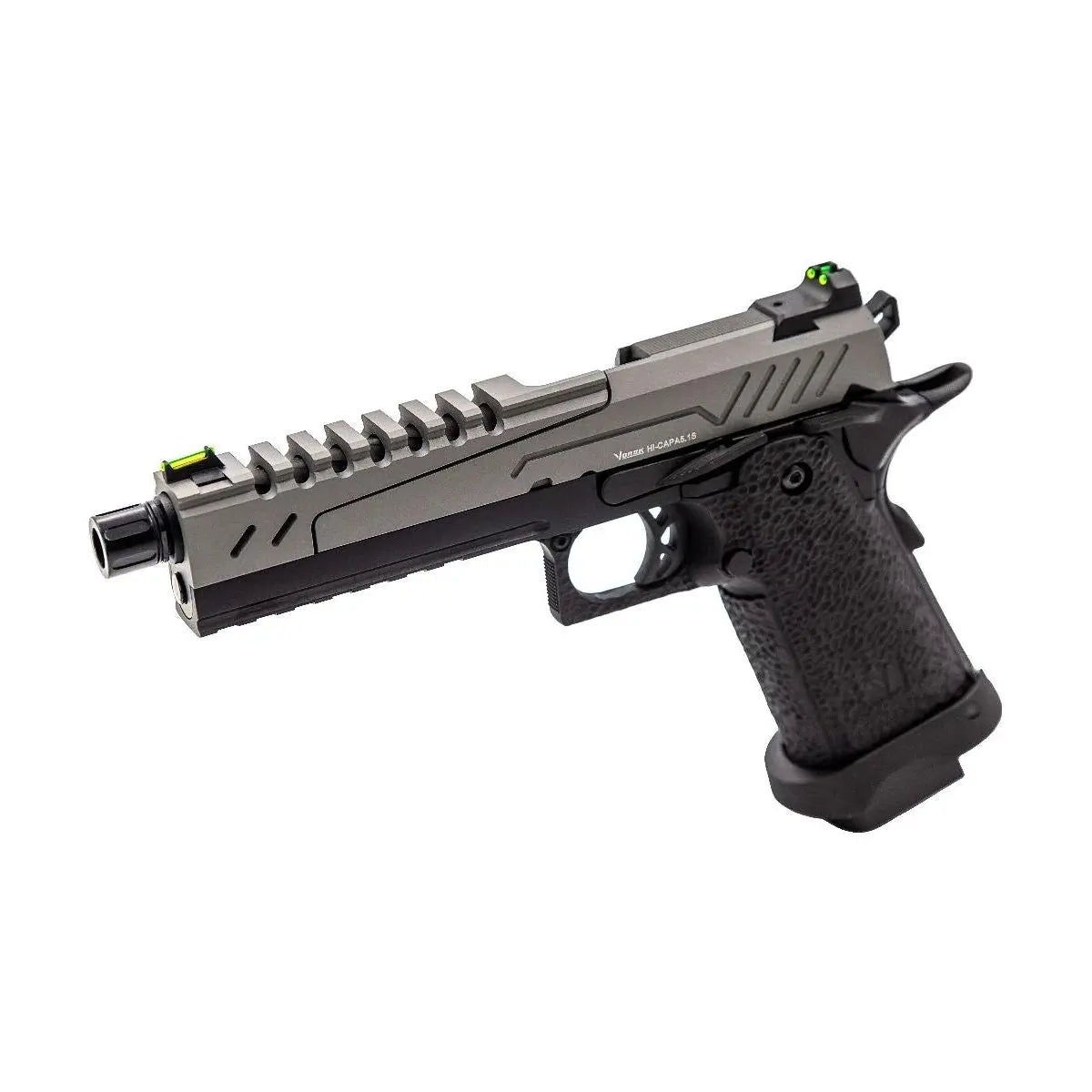 Réplique de pistolet airsoft Hi-Capa 5.1 SPLIT Gris / Noir 1,0J de Vorsk, inspiré des armes de combat et de compétition modernes, avec culasse split