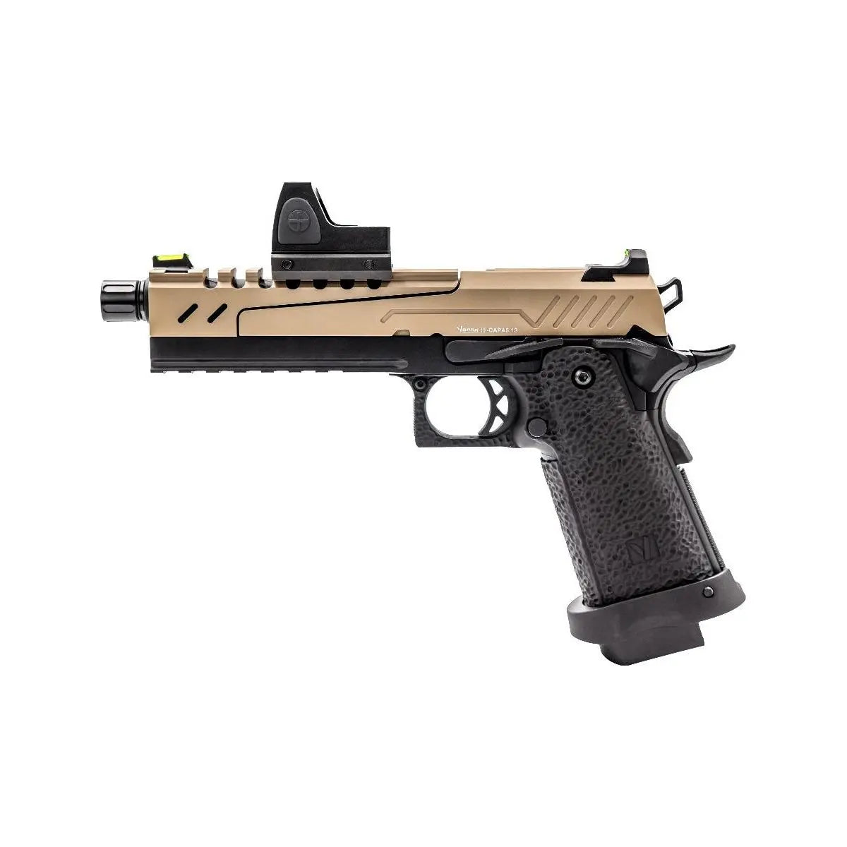 Hi-capa 5.1 VORSK Tan / noir split avec Point rouge BDS, une réplique de pistolet d'airsoft de haute qualité avec finition métal et grip texturé pour une prise en main