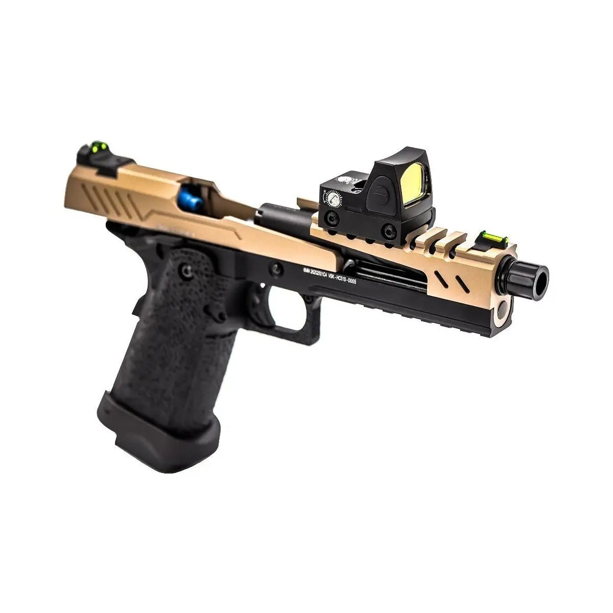 Réplique de pistolet Hi-capa 5.1 VORSK Tan / noir split avec point rouge BDS, culasse métal, grip texturé et chargeur de 25 billes