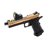 Réplique d'arme de compétition moderne Hi-capa 5.1 VORSK Tan/noir split avec point rouge BDS, culasse métal, grip texturé, canon fluté, sureté ambid