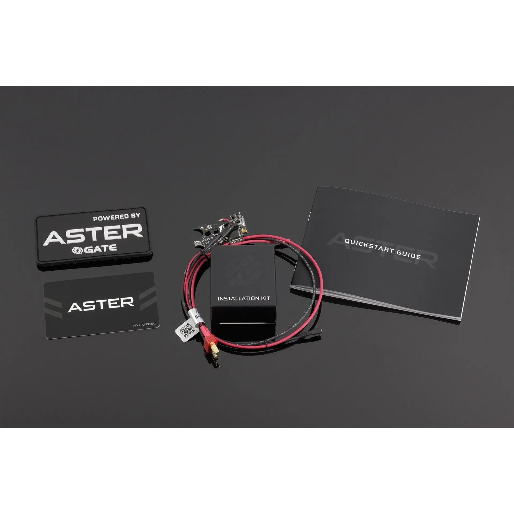 Kit Bloc Détente GATE ASTER V2 pour airsoft avec câblage avant, programmable et pivotable informatiquement, incluant de nombreuses fonctionnalités comme le contrôle de la cadence de tir et la protection