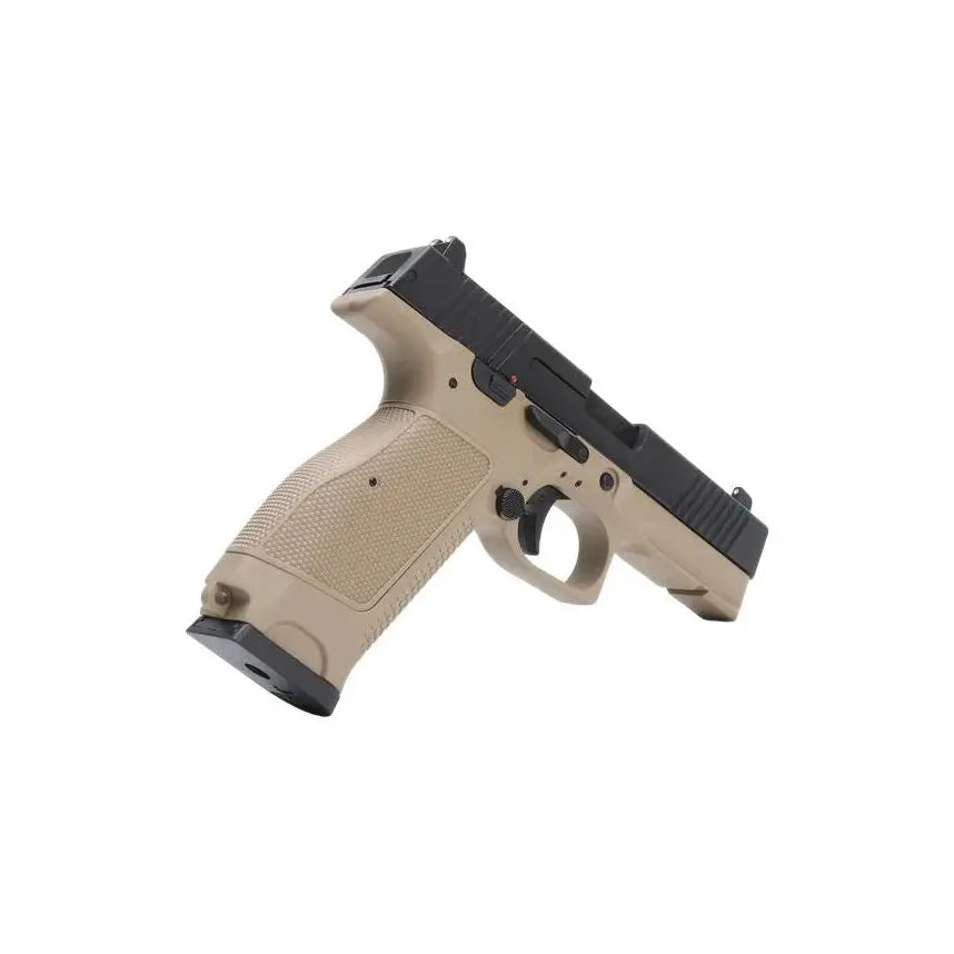 Pistolet Kizuna Works MKW Blowback en métal noir et tan, version moderne du pistolet russe LEBEDEV, équipé d'un rail sous la culasse et d'un grip ergonomique