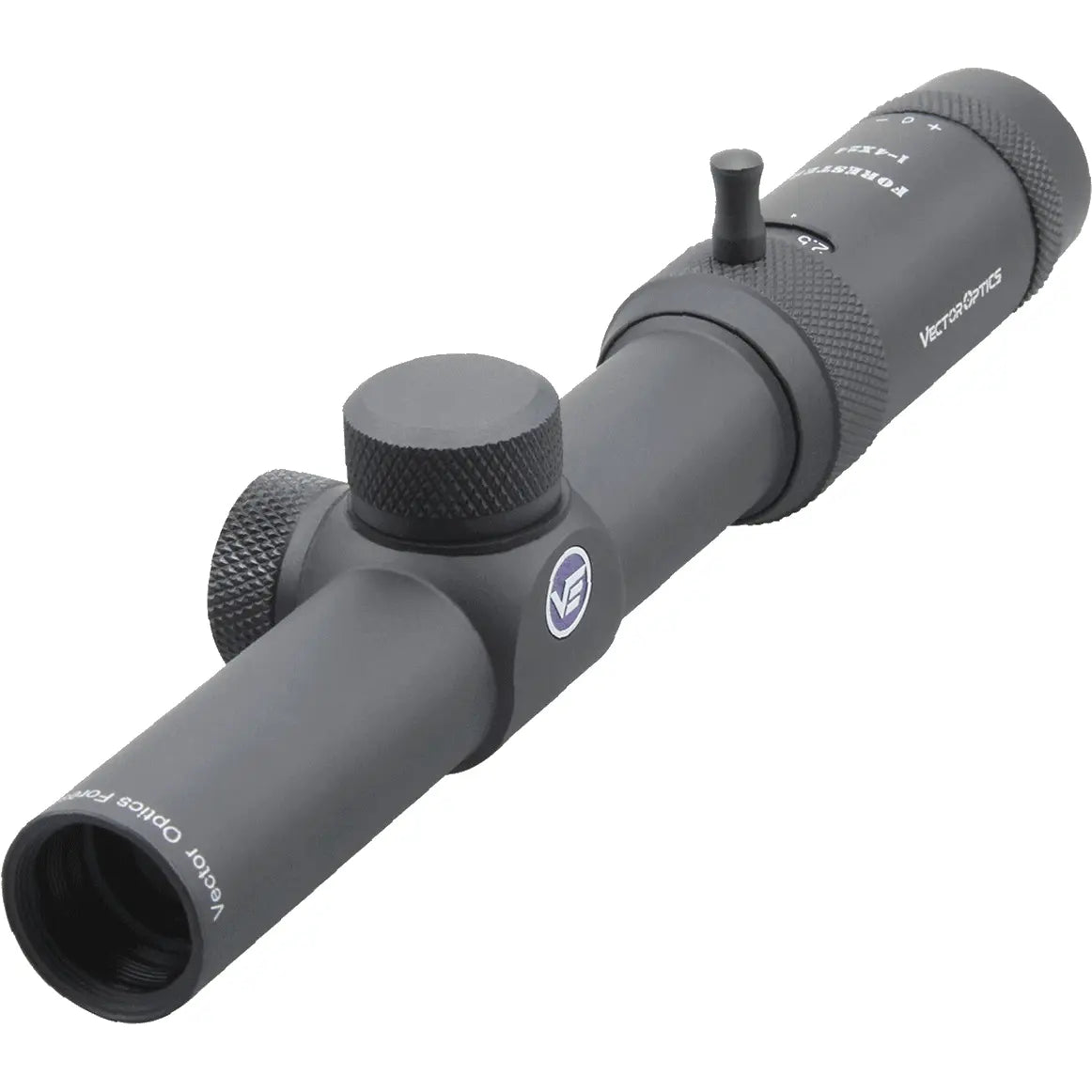 Vue rapprochée de la lunette de visée Forester 1-4x24 VFD3 avec des spécificités telles que grossissement 1-4x, diamètre d'objectif de 24mm
