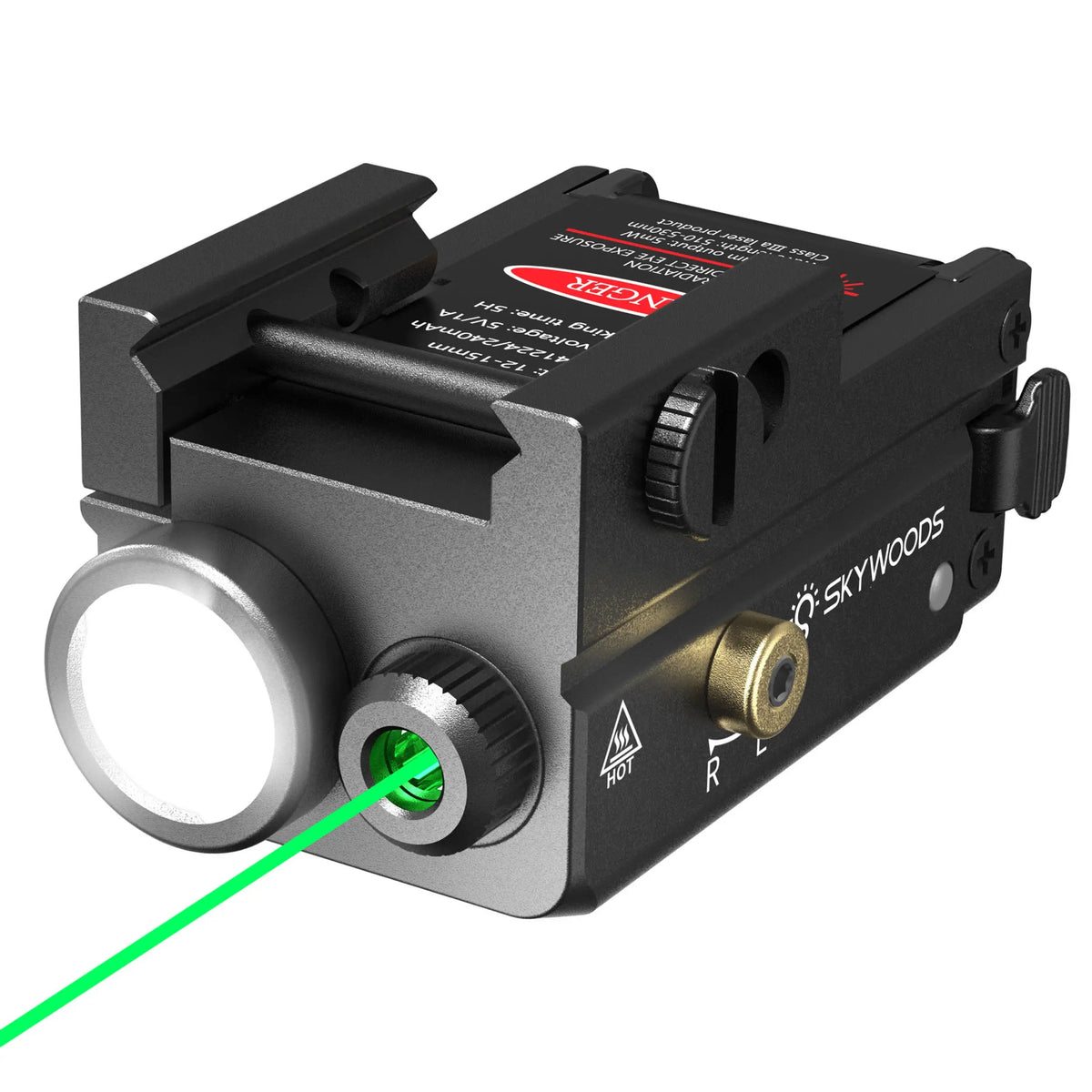 Vue de la lampe tactique Skywoods L53980 avec viseur laser vert, dotée d'une LED de 300 lumens, modes d'éclairage variés et résistance à l'eau IP66