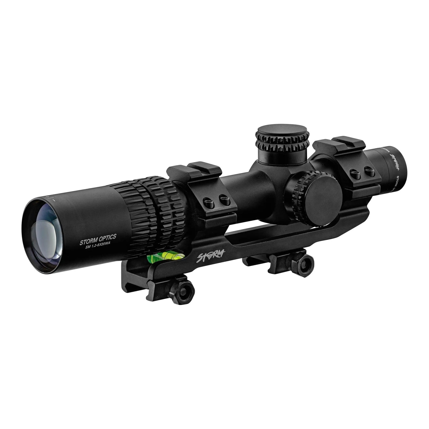 Vue de la lunette 1.2-6x20WA Storm Optics avec rail de montage, diamètre d'objectif de 35mm, résistant à l'eau et traitement anti-reflet