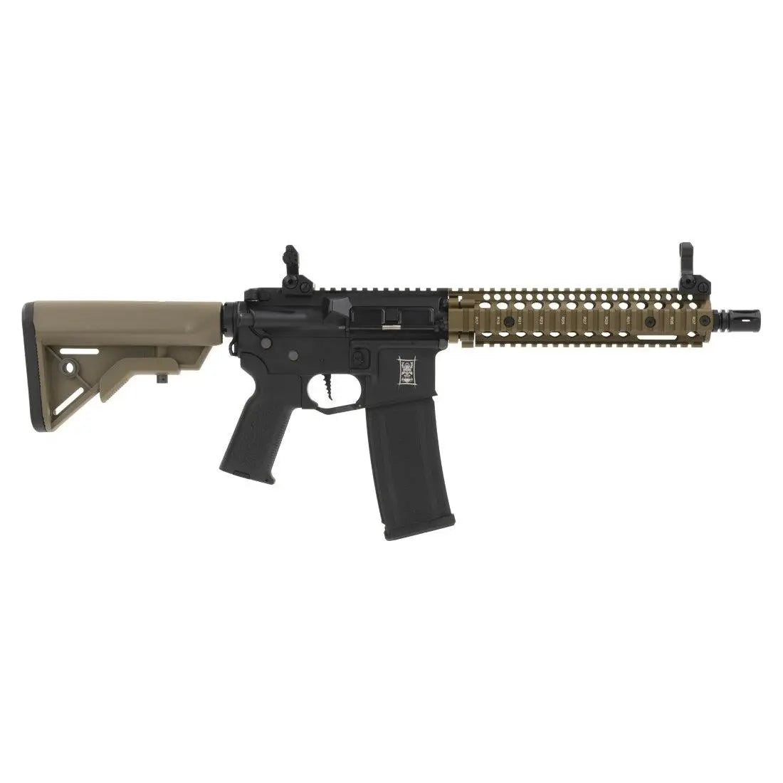 MK18 AEG BUSHIDO JIN BRONZE SAIGO 1J airsoft gun with a weight of 2500 g, length of 750 mm, and 330 FPS. Features include programmable Kylin V2 electronic