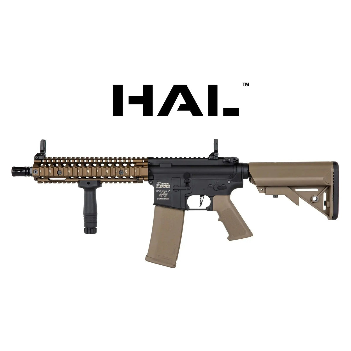 MK18 SA-C19 Daniel Defense HAL Chaos Bronze airsoft gun avec caractéristiques avancées comme déclenchement basé sur des capteurs magnétiques, gearbox sur roulement, et une crosse réglable