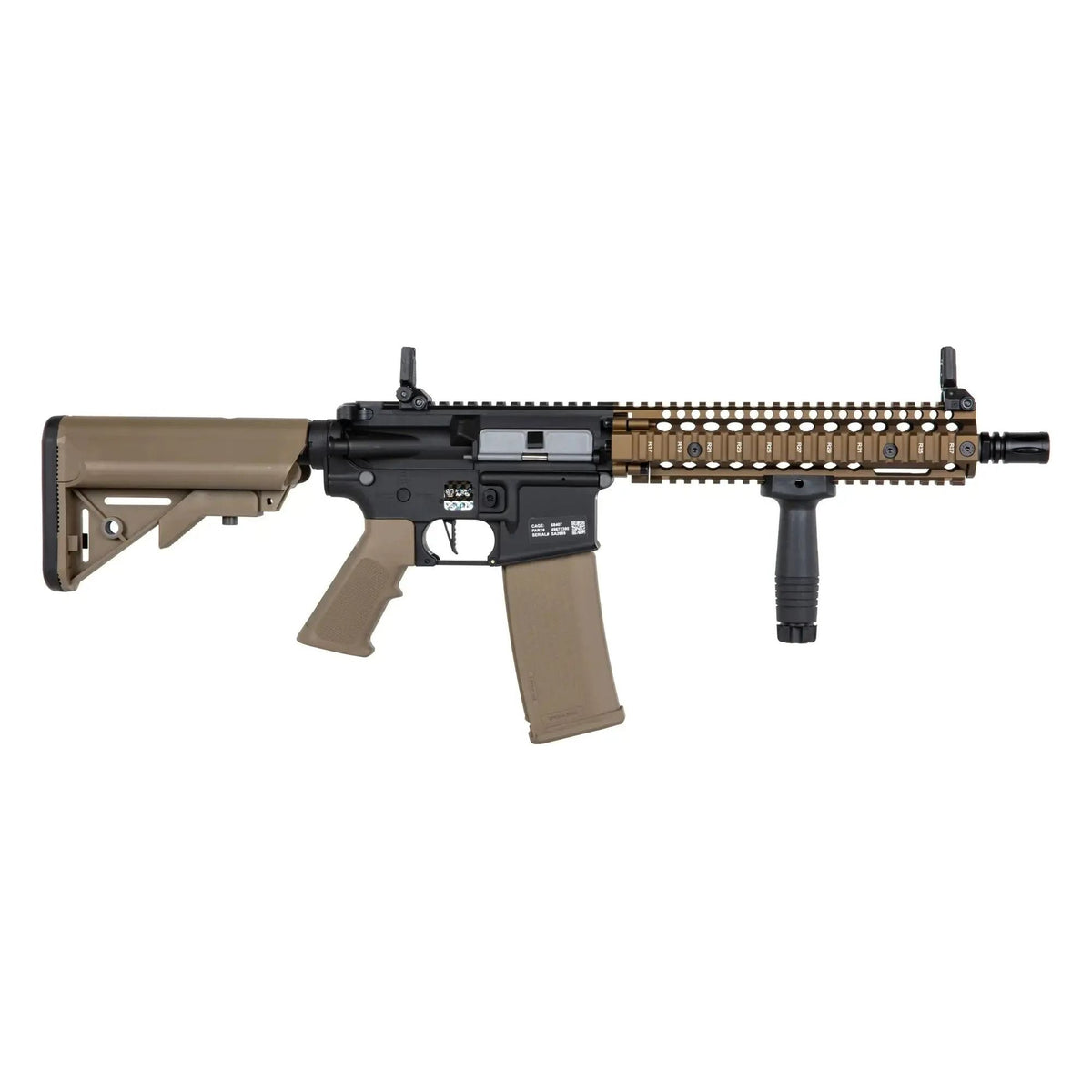 MK18 SA-C19 Daniel Defense HAL Chaos Bronze équipé d'une gearbox V2, un hop up réglable, et un système HAL avec déclenchement basé sur des capteurs magnétiques.
