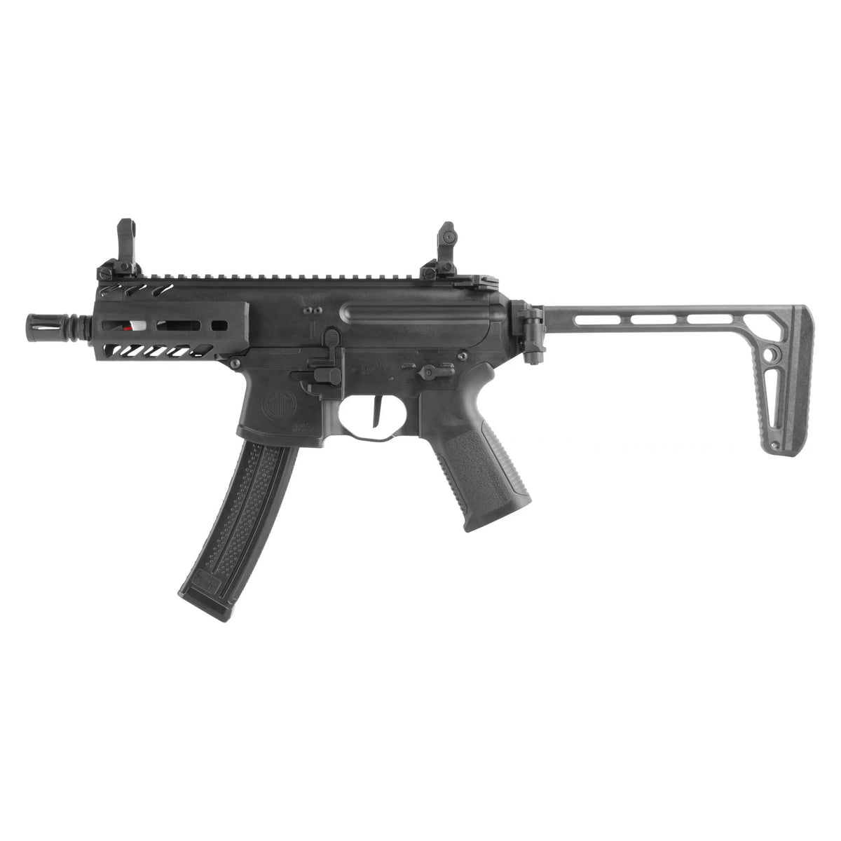 Réplique authentique de Sig Sauer MPX K sportline, une submachine gun airsoft en calibre 6mm avec un garde-main M-LOK et un système hop-up rotatif M4 pour une préc