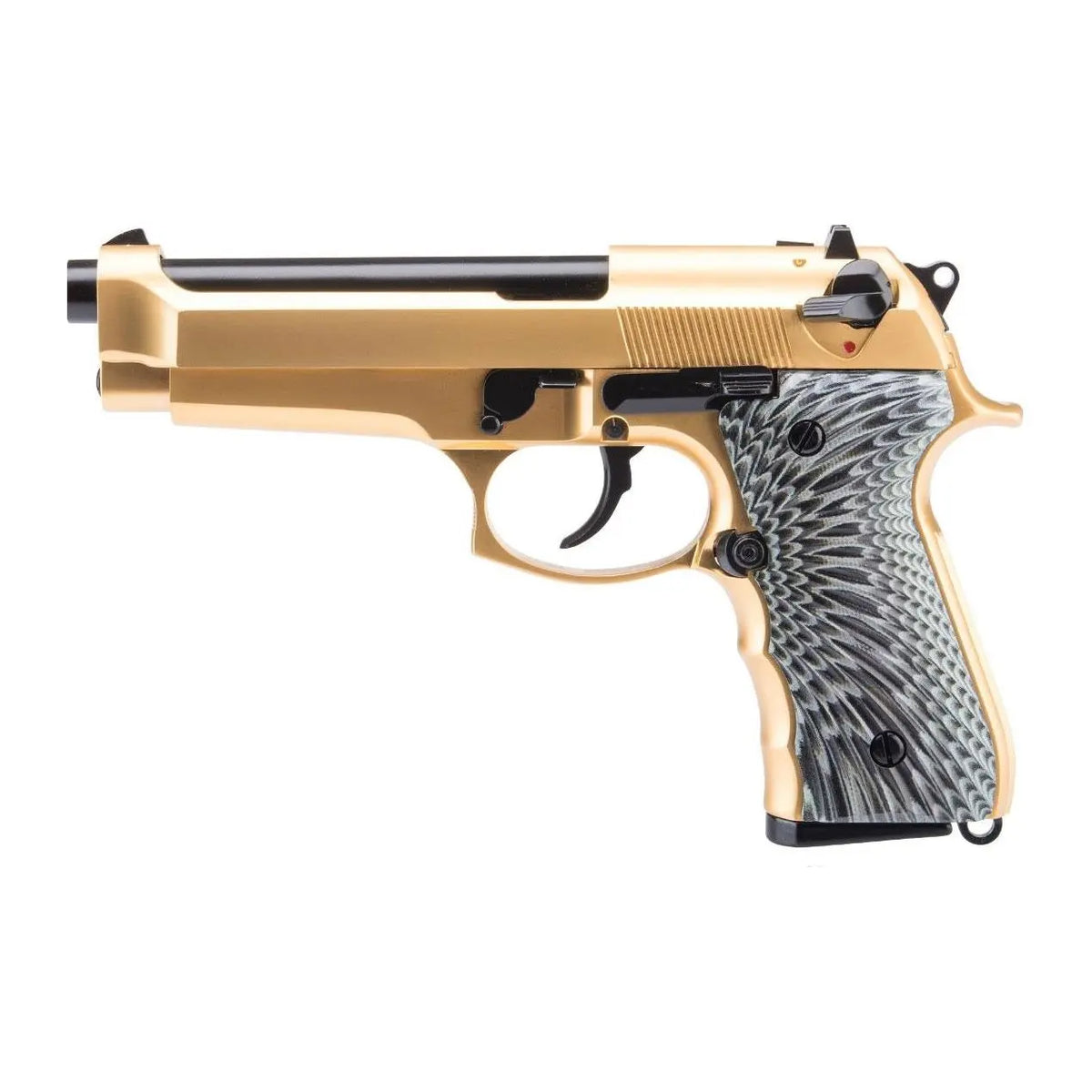 Pistolet 6mm semi/full auto M92 Eagle en or de WE avec blow back, hop up réglable, et un grip anti-dérapant
