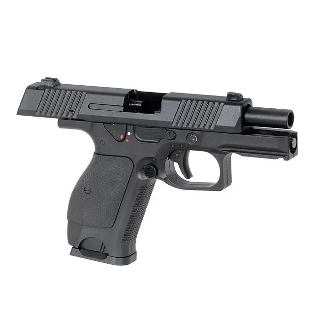 Pistolet 6mm KW-15 Blowback noir avec grip ergonomique, rail de montage et chargeur de billes green gas