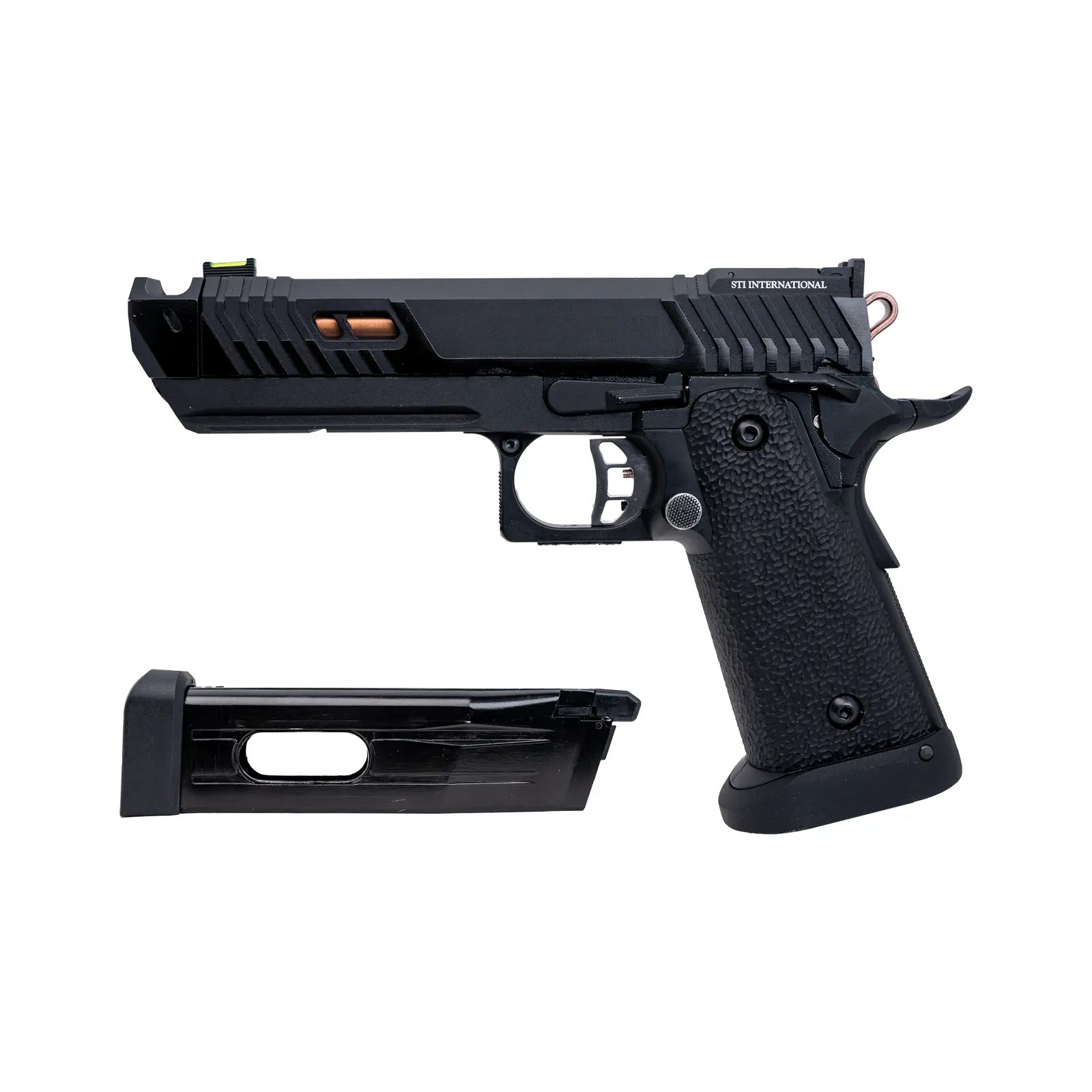 Pistolet d'airsoft 6mm STI Pit Viper CO2, réplique du film John Wick Chapitre 4 avec grip antidérapant et compensateur Pit Viper, finition full black et copper, sous