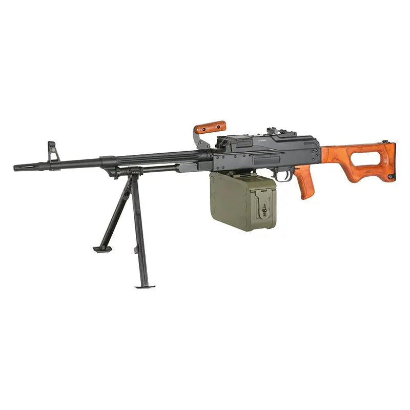 PKM Bois et Metal AEG par A&K, poids de 275g, fabriqué en métal et polymère, en couleur noire, dimensions de 155mm de longueur, 125mm de hauteur