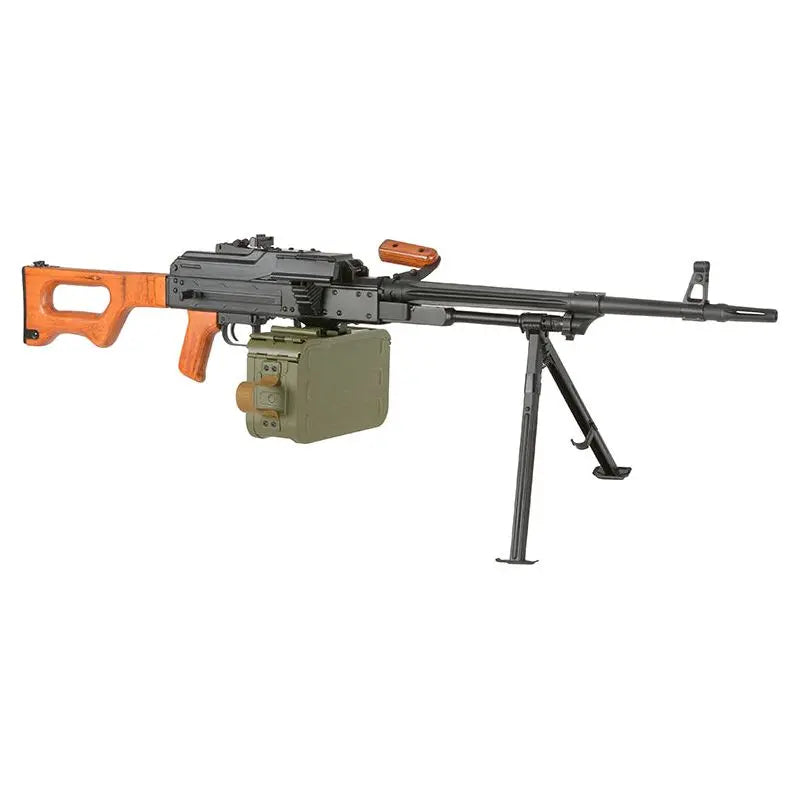 PKM en bois et métal AEG de la marque A&K, couleur noire, pesant 275g, avec des dimensions de 155mm de long, 125mm de haut, 90mm de large et une