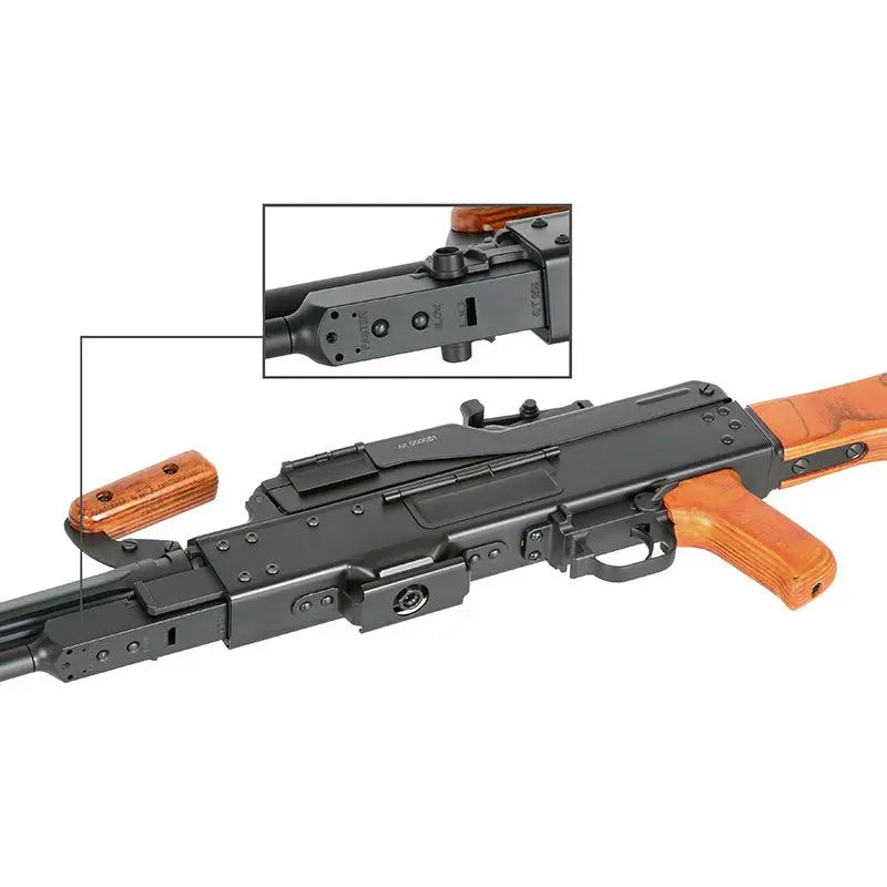 PKM Bois et Metal AEG de A&K noir, fabriqué en métal et polymère, pesant 275g, mesurant 155mm de long, 125mm de haut et 90mm de