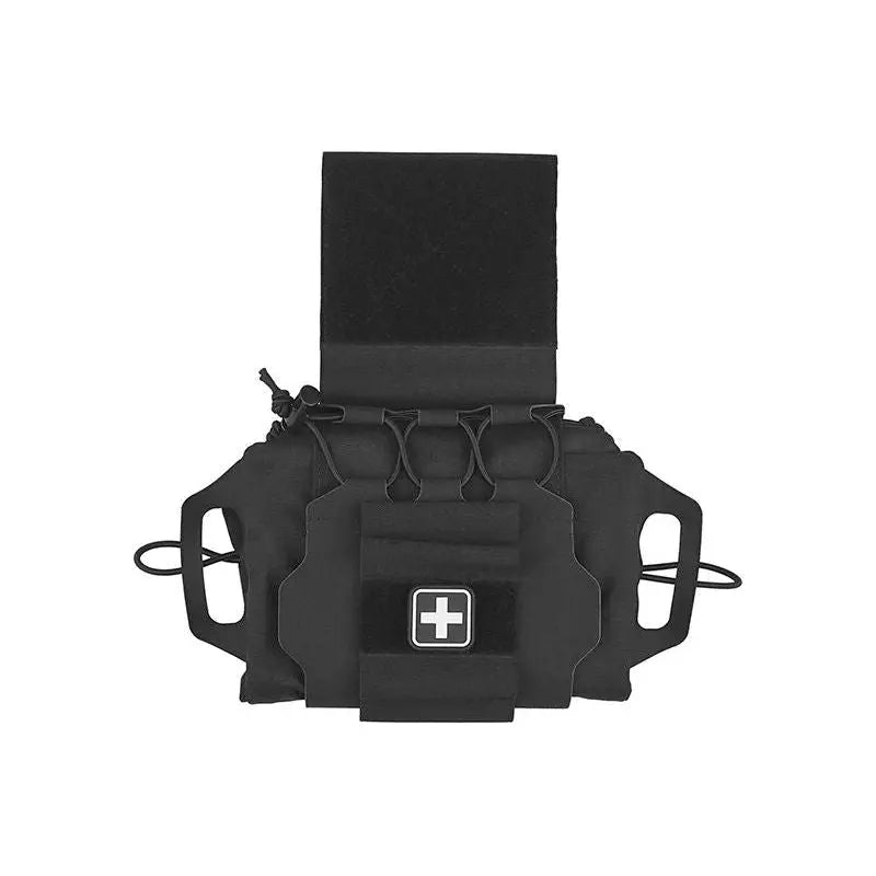 Poche Molle IFAK RD Medium noire en nylon avec fixation velcro pour kit de soin, dimensions 22x14x4 cm, poids 190g, adaptée pour gilet/ciras avec passants pour cy