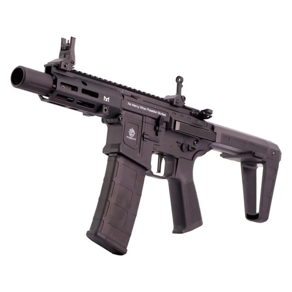 Poseidon Punisher QRF Aether V2 noir AEG avec corps en nylon et garde-main en aluminium, réglages via Bluetooth, traceur intégré AEG LED et gearbox renforcée