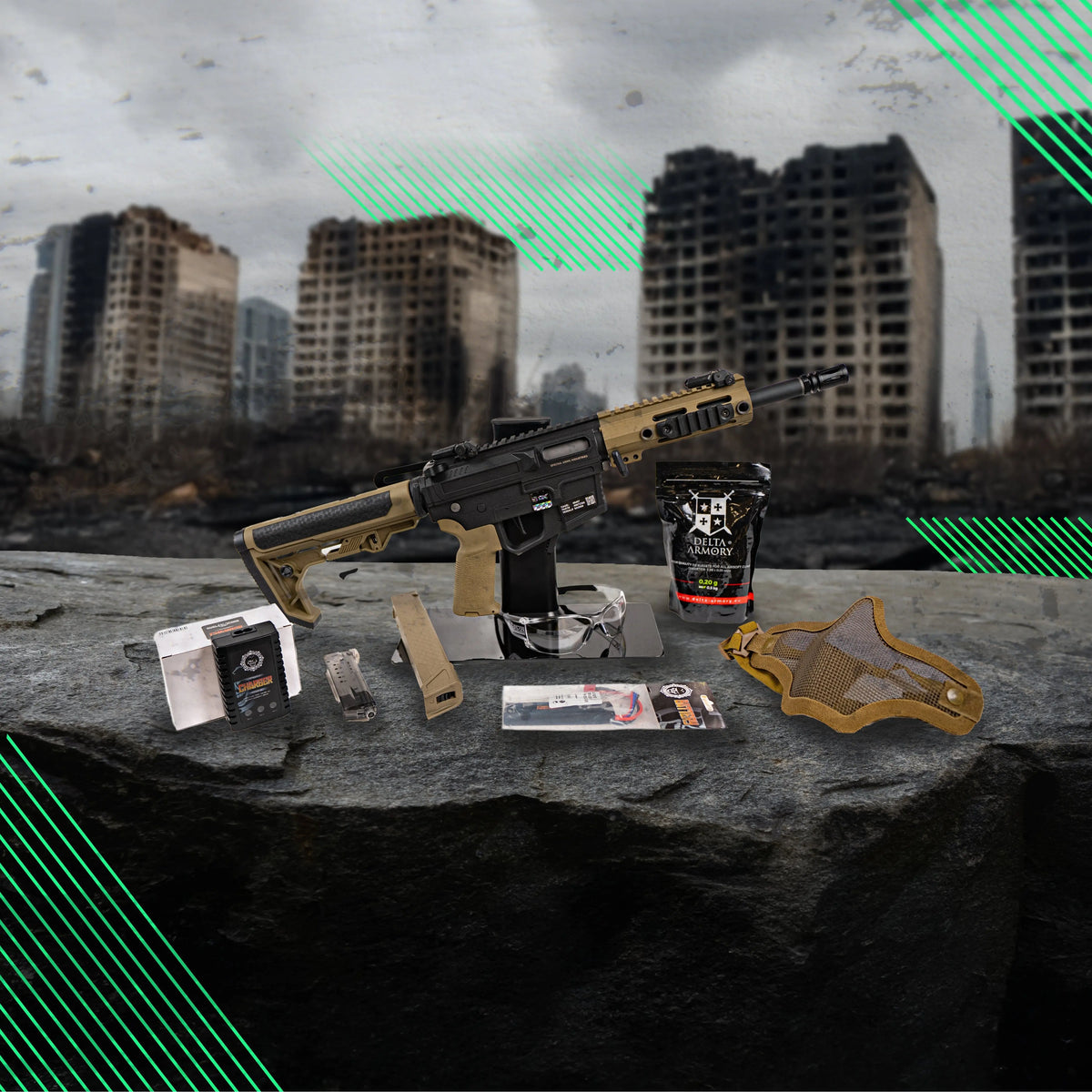 Pack CQB comprenant un Specna arms FX-01, une Lipo 7.4v 1000mah, un chargeur Lipo Bo3, un bas de masque grillagé noir, un BBloader,