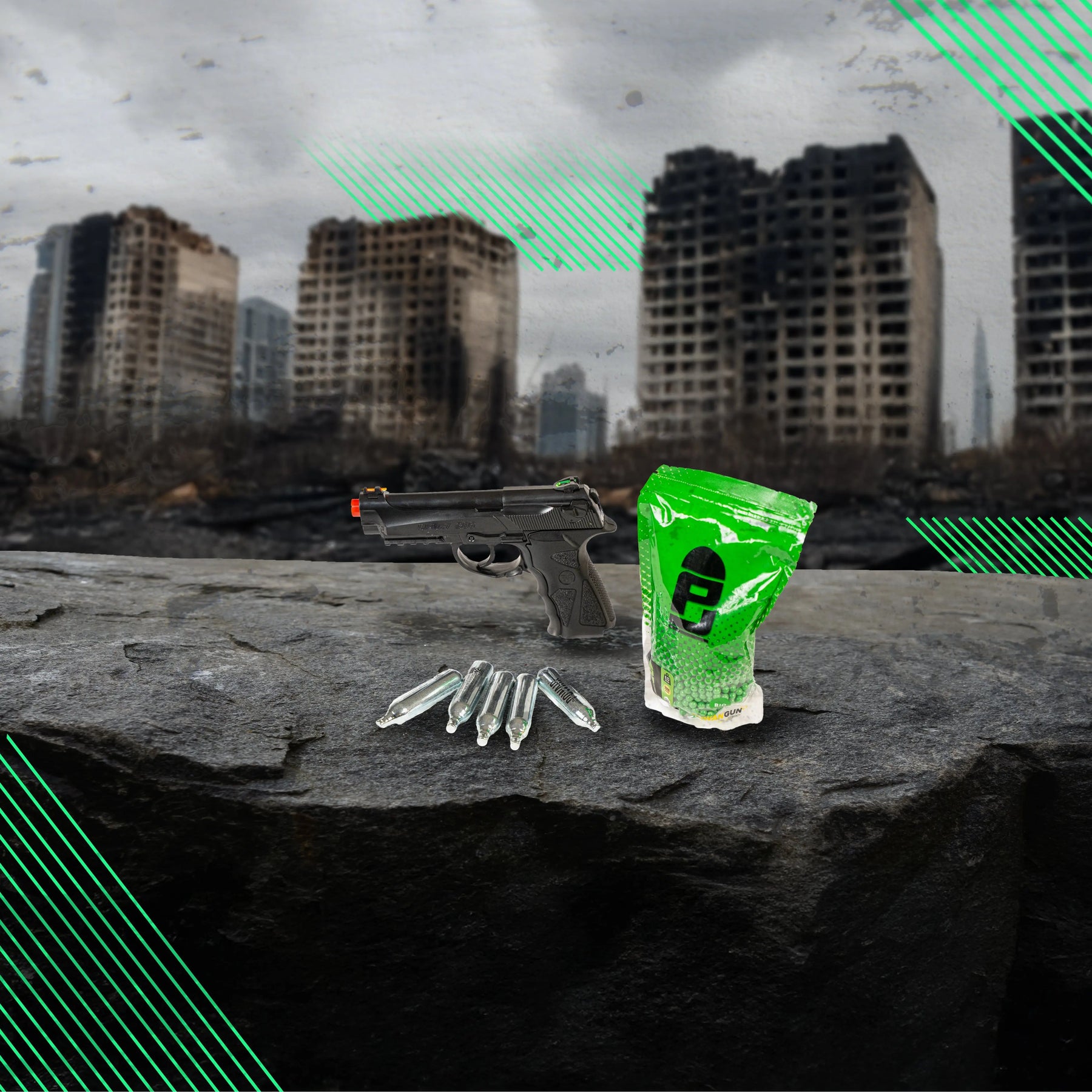 Pack PT92 CO2 1.8 joules avec 5 cartouches de CO2 et billes 6mm, construction en résine ABS, 15 coups, avec rail pour lampe/laser, de couleur no