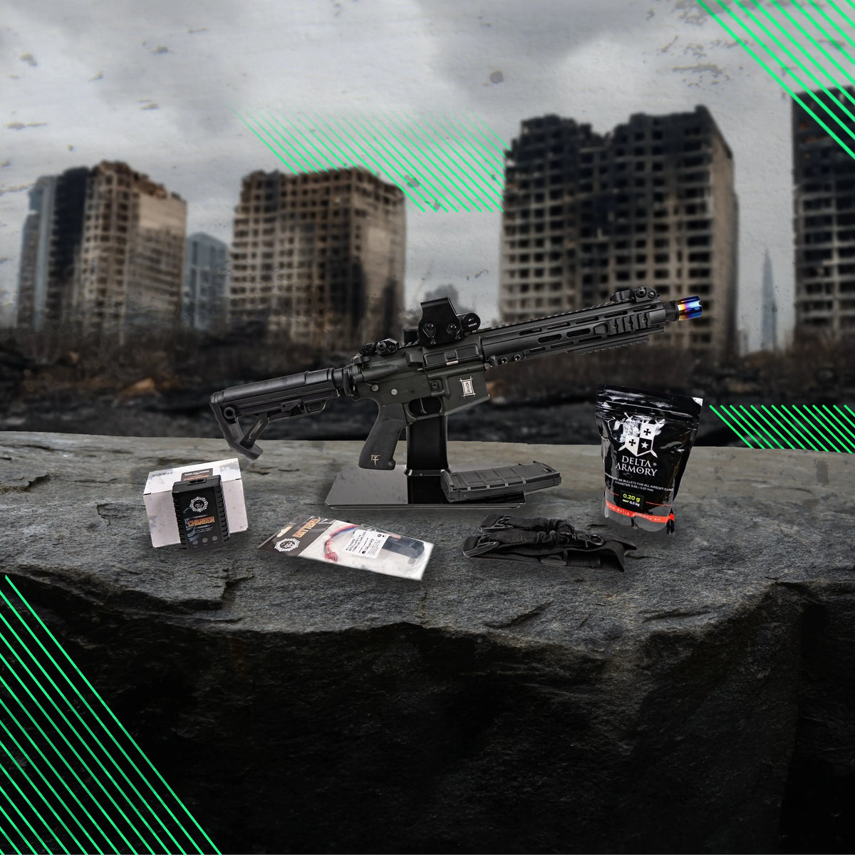 Pack confirmé incluant AEG Bushido Gi Black, viseur point rouge holographique, batterie LIPO 11.1v, chargeur de batterie lipo, sangle et sachet de billes 0