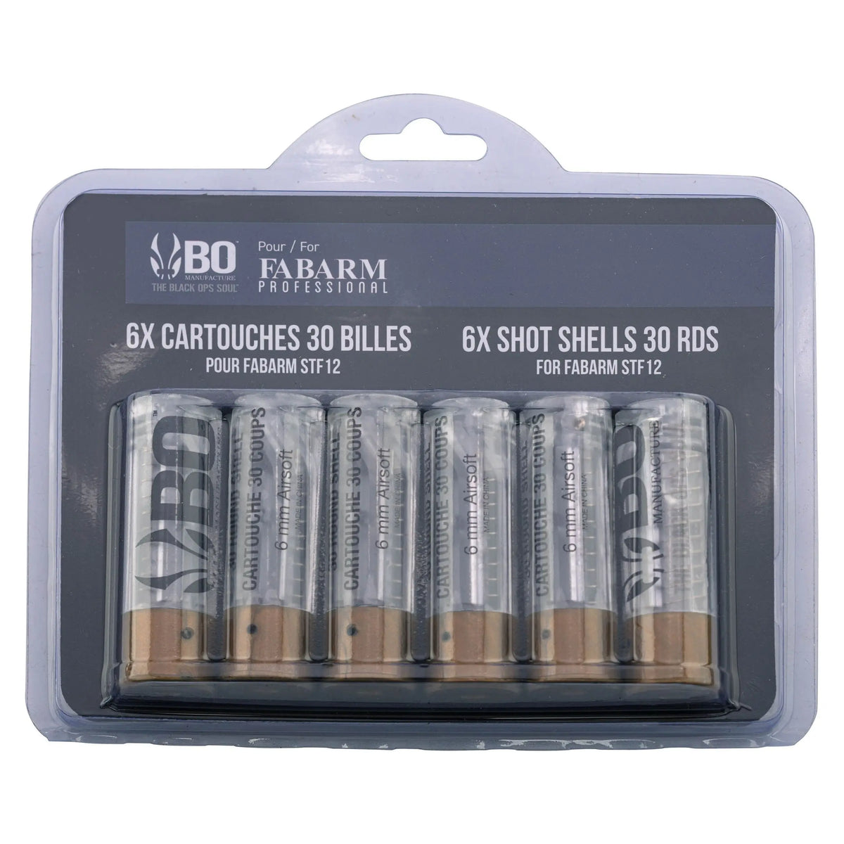 Pack de 6 cartouches pour fusil à pompe airsoft BO clear, compatibles avec la plupart des fusils, contenant 30 billes chacune