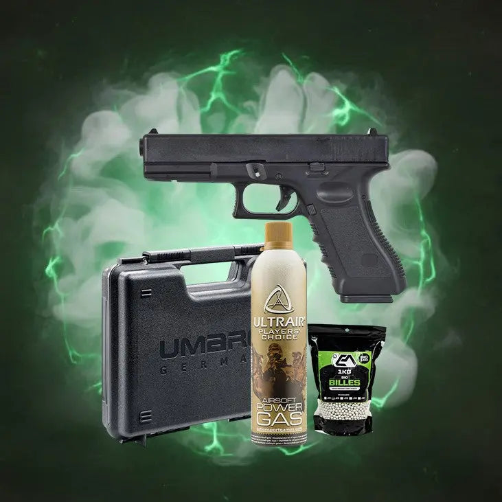 Pack Glock 17 avec bouteille de gaz Ultrair, billes bio, bb loader et mallette