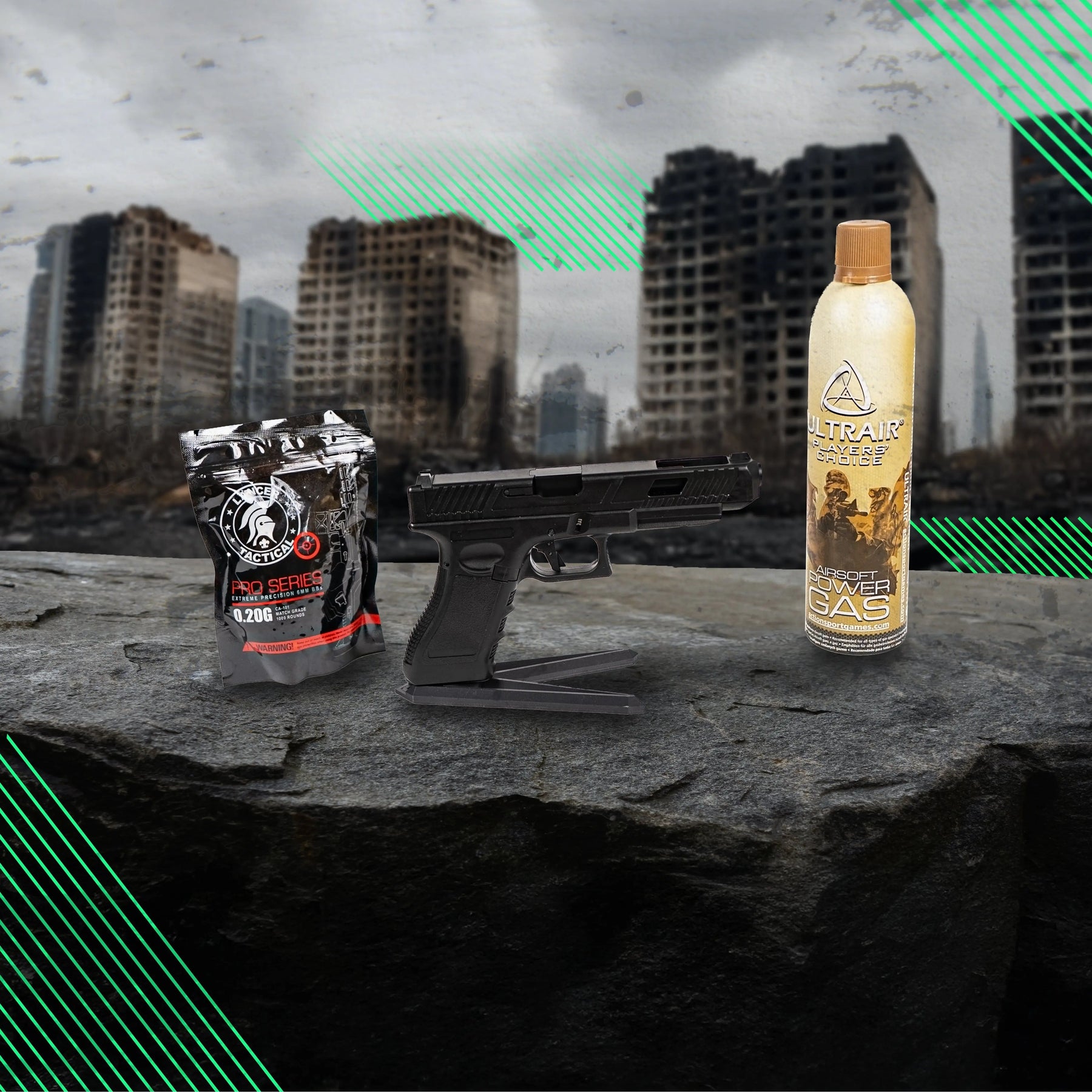 Pack complet Glock 34 avec Ultrair, bb loader et billes bio, pistolet à gaz polymère avec frame et culasse abs, chargeur de 25 coups, mode de tir sécurisé, longueur de 235