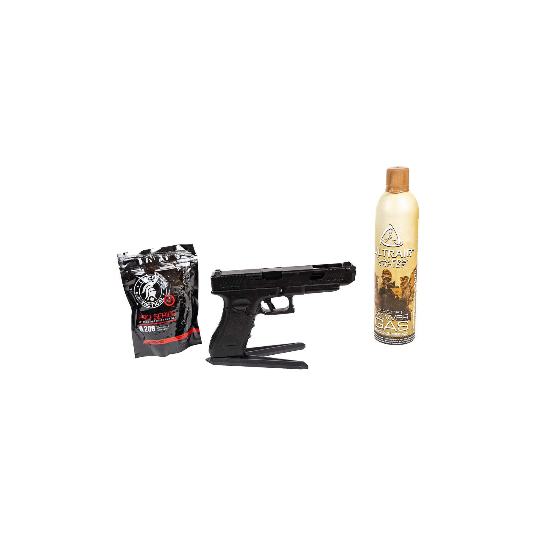 Pack Glock 34 avec bouteille de gaz Ultrair, billes bio, et BB loader, pistolet à gaz polymère noir, 25 coups, 0.8 joules