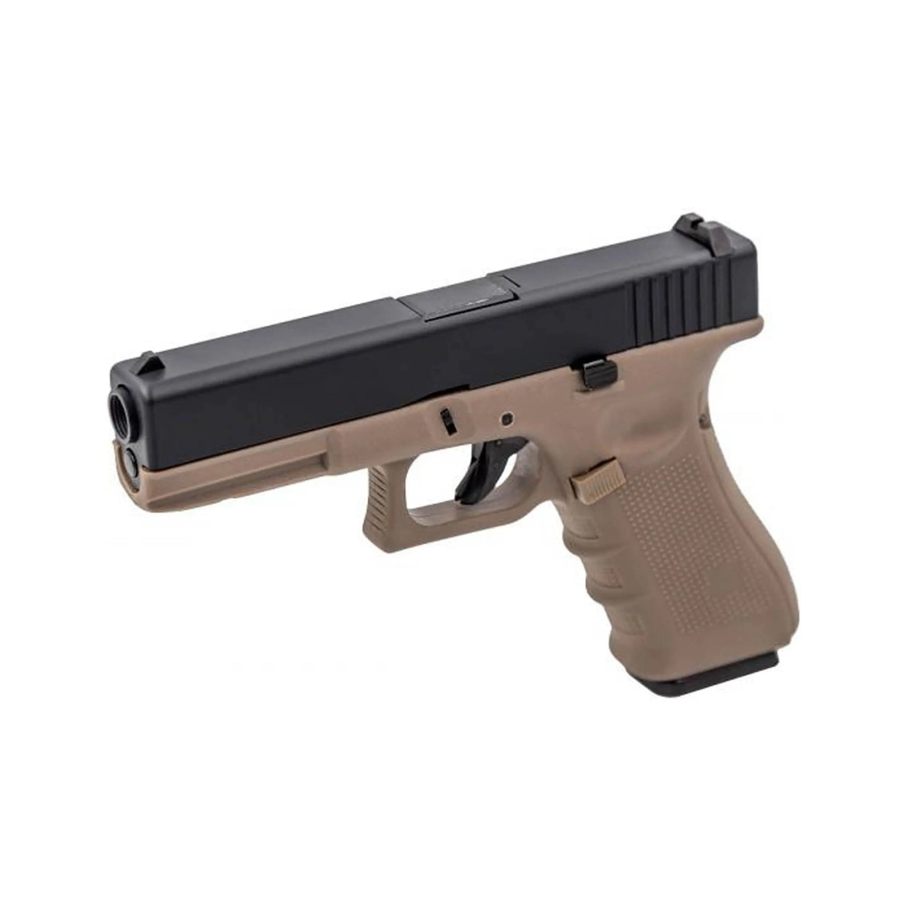 Alt tag: Pistolet EU 7 Gaz RAVEN TAN avec culasse aluminium noire et frame polymère Tan, mode de tir semi-auto, chargeur gaz 26 billes, compatible CO2.