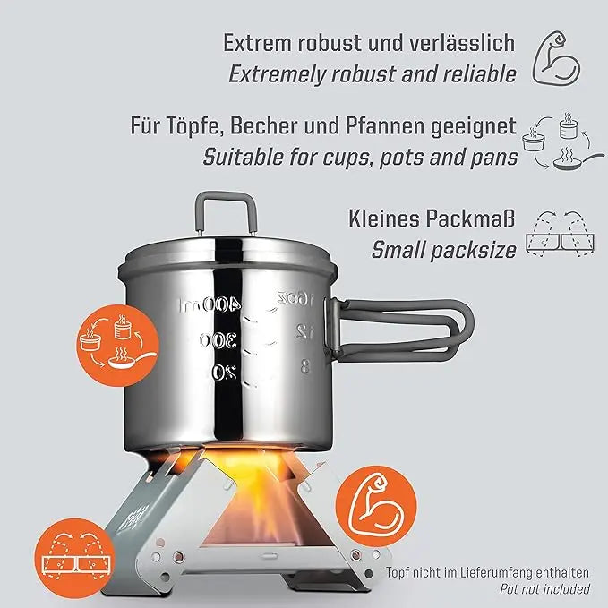 Réchaud de camping compact et robuste BW ESBIT® avec combustible sec, facile à monter et démonter pour une cuisson fiable en plein air
