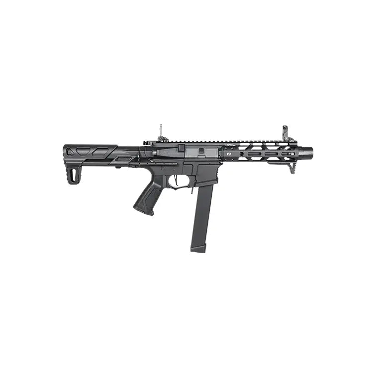 Réplique longue 6mm ARP9 2.0 noir G&G avec garde main M-LOK, poignée pistolet ergonomique, cache flame et crosse PDW