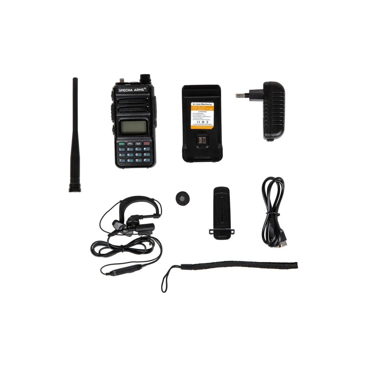 Radio talkie-walkie dual band Shortie-13 VHF/UHF de Specna Arms avec écran LCD, lampe de poche LED intégrée, programmabilité via PC et résistance à l'eau IPX4.