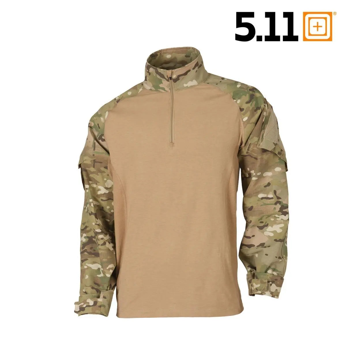 Chemise de combat Rapid Assault en multicam 5.11, conçue pour le confort et la flexibilité avec emplacements Velcro pour identification et absence de couture aux aisselles pour éviter les frottements