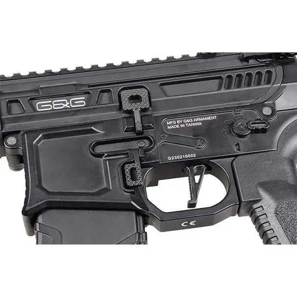 Réplique G&G MGCR 556 GBBR 10 noir en métal, fonctionnement Hop Up réglable, propulsion et compatibilité gaz, poids 3100g, énergie 1.3 jou