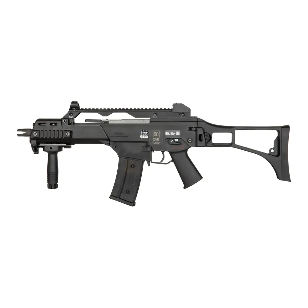 SA-G12 type G36 EBB Carbine Noire de Specna Arms avec une vitesse de 380 FPS, capacité du chargeur de 350 et système de changement rapide de ressort