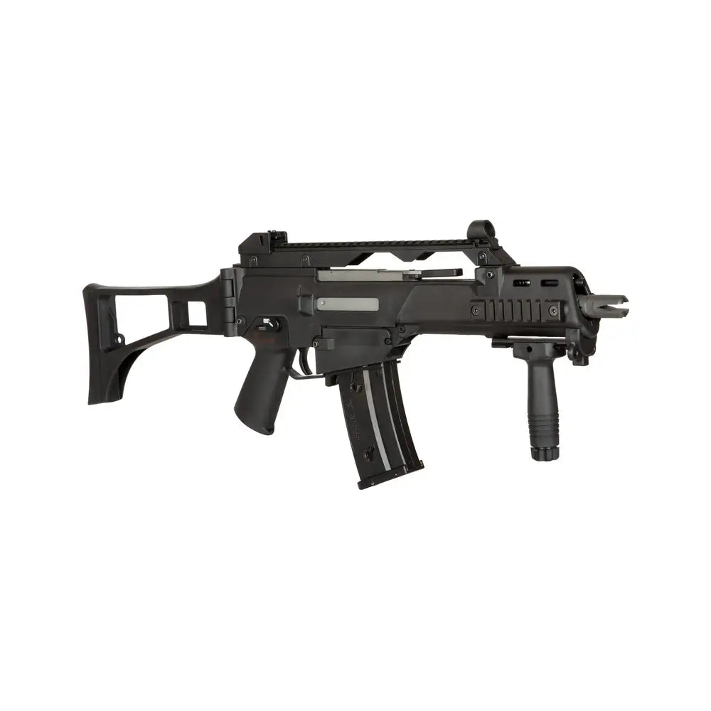 SA-G12 type G36 EBB Carbine Noire Specna Arms avec une vitesse de 380 FPS, semi-auto, capacité de chargeur de 350 pièces, et alimentation électrique. Batterie non incluse