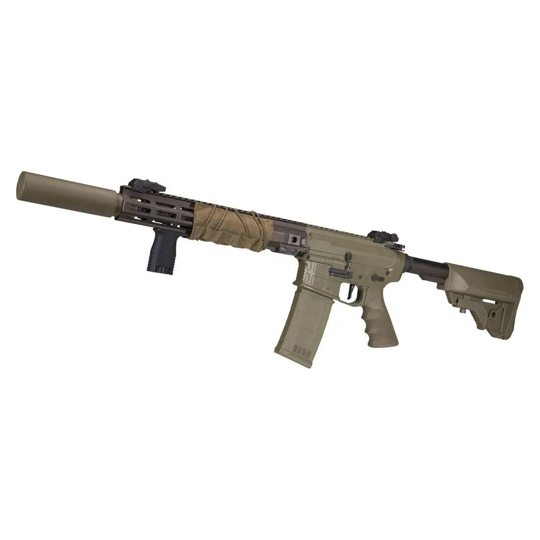 Réplique d'arme SECUTOR ASTRA XI COYOTE AEG avec garde main et tube de crosse en bronze, grip M-LOK ajustable, silencieux inclus et de nombreuses fonctionnalités pour une