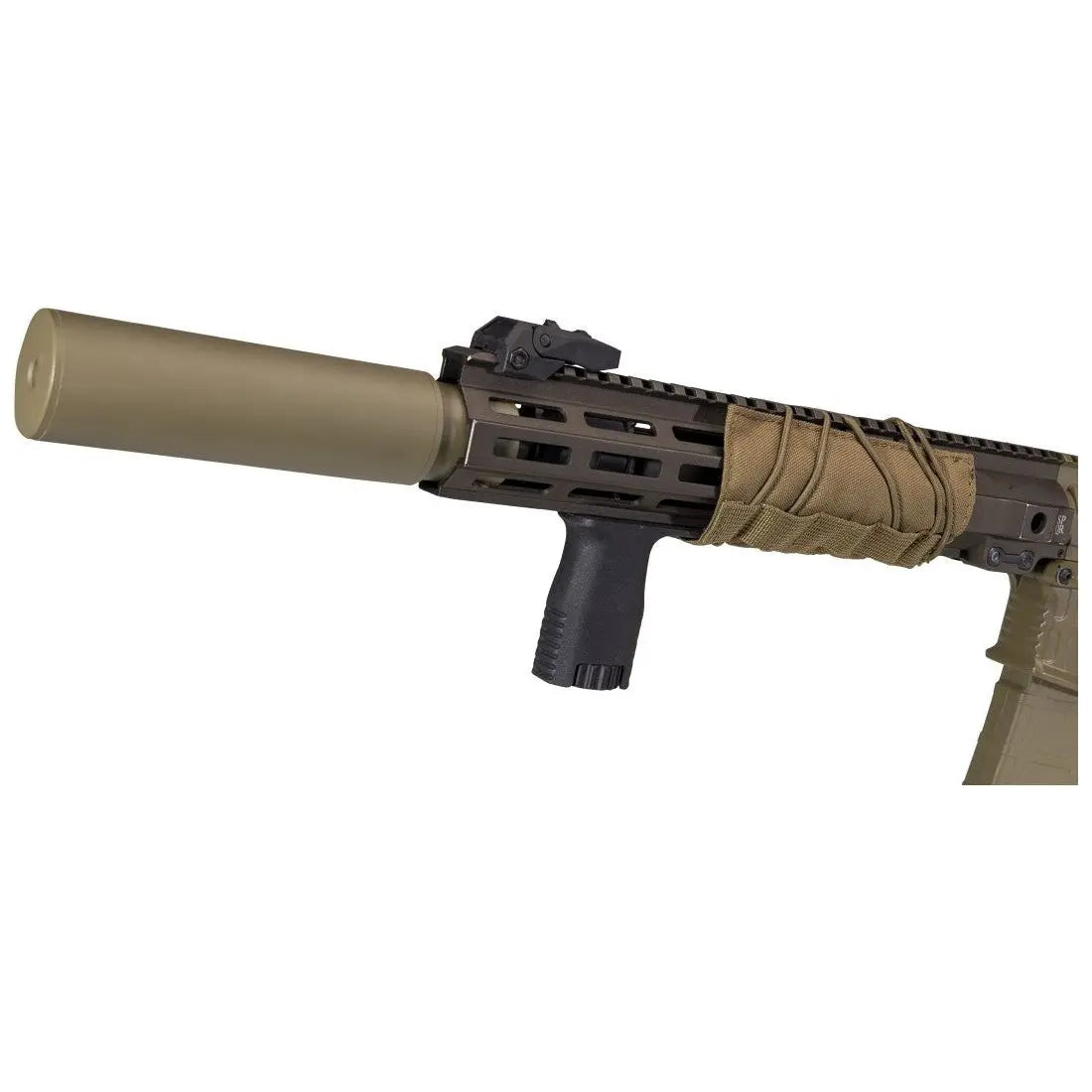 Réplique SECUTOR ASTRA XI COYOTE AEG en bronze avec silencieux, grip M-LOK ajustable, libérateur de chargeur ambidextre et gâchette électronique programmable