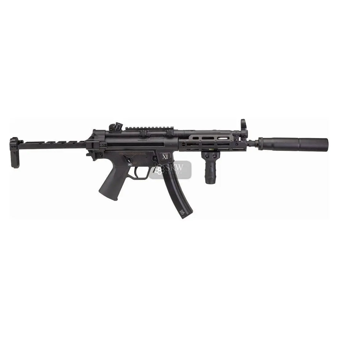 SECUTOR VIRTUS XI AEG, fusil MP5 avec silencieux, poignée inférieure, rail supérieur, crosse rétractable et gâchette électronique