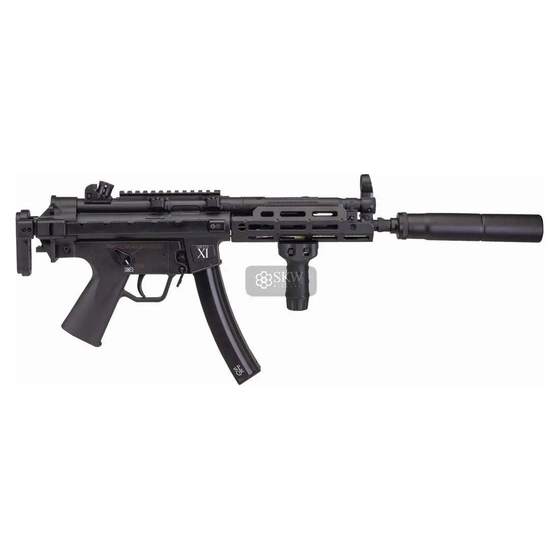 SECUTOR VIRTUS XI AEG, type MP5 avec silencieux et accessoires, poids et dimensions variables, gâchette électronique et canon de précision, recommandé avec batterie AC12846