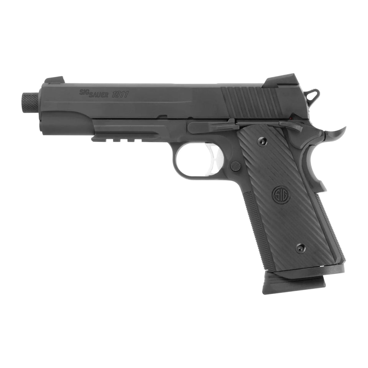 Réplique réaliste du pistolet SIG SAUER 1911 Tacops avec marquages officiels, corp métal et système CO2 blowback.