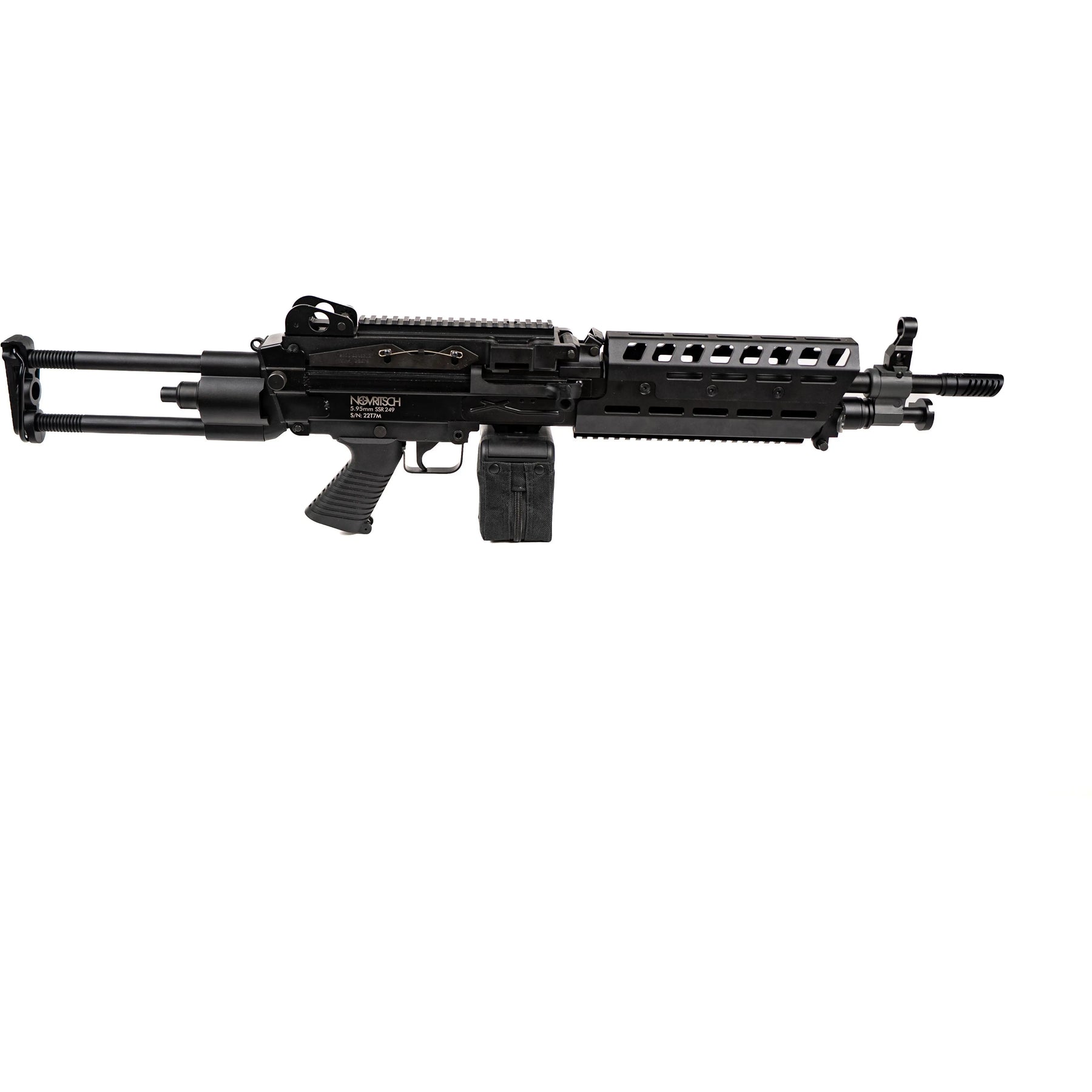 Réplique de mitrailleuse SSR249 avec mode de tir automatique et chargeur de 2000 cartouches, corps en acier massif et accessoires internes et externes