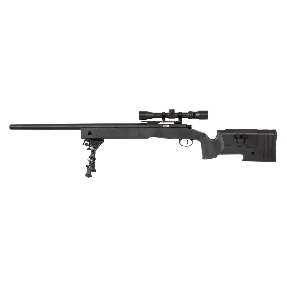 Specna Arms S02 Sniper Noir 1,9j avec vitesse de tir de 420 FPS, longueur de canon de 485mm, chargeur low-cap de 20 pièces, poids de 3245g, et