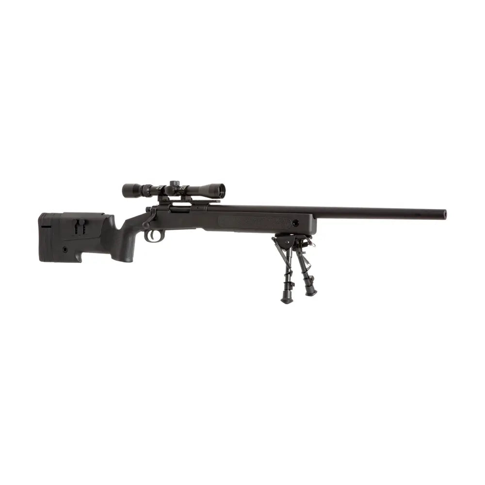 Specna Arms S02 Sniper noir 1,9j semi-auto avec vitesse de 420 FPS, chargeur low-cap et hop-up, fabriqué en plastique, alimenté par ressort, livré avec 3 charge