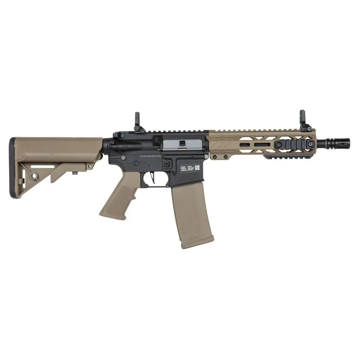 Specna SA-F08 FLEX HAL noire et tan avec matériaux en polycarbonates, longueur de 675mm/765mm, canon interne de 270mm, poids de 2190g, et système